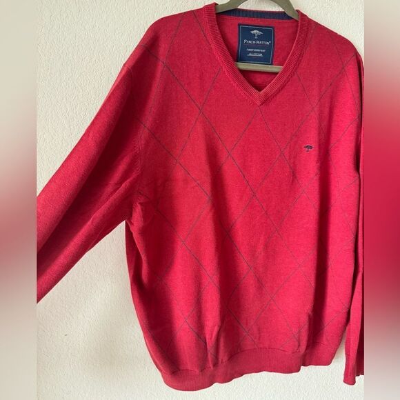 Fynch Hatton Mens Sweater XXL Red Argyle 100% Cotton Pullover V-Neck Preppy Golf - Picture 2 of 8